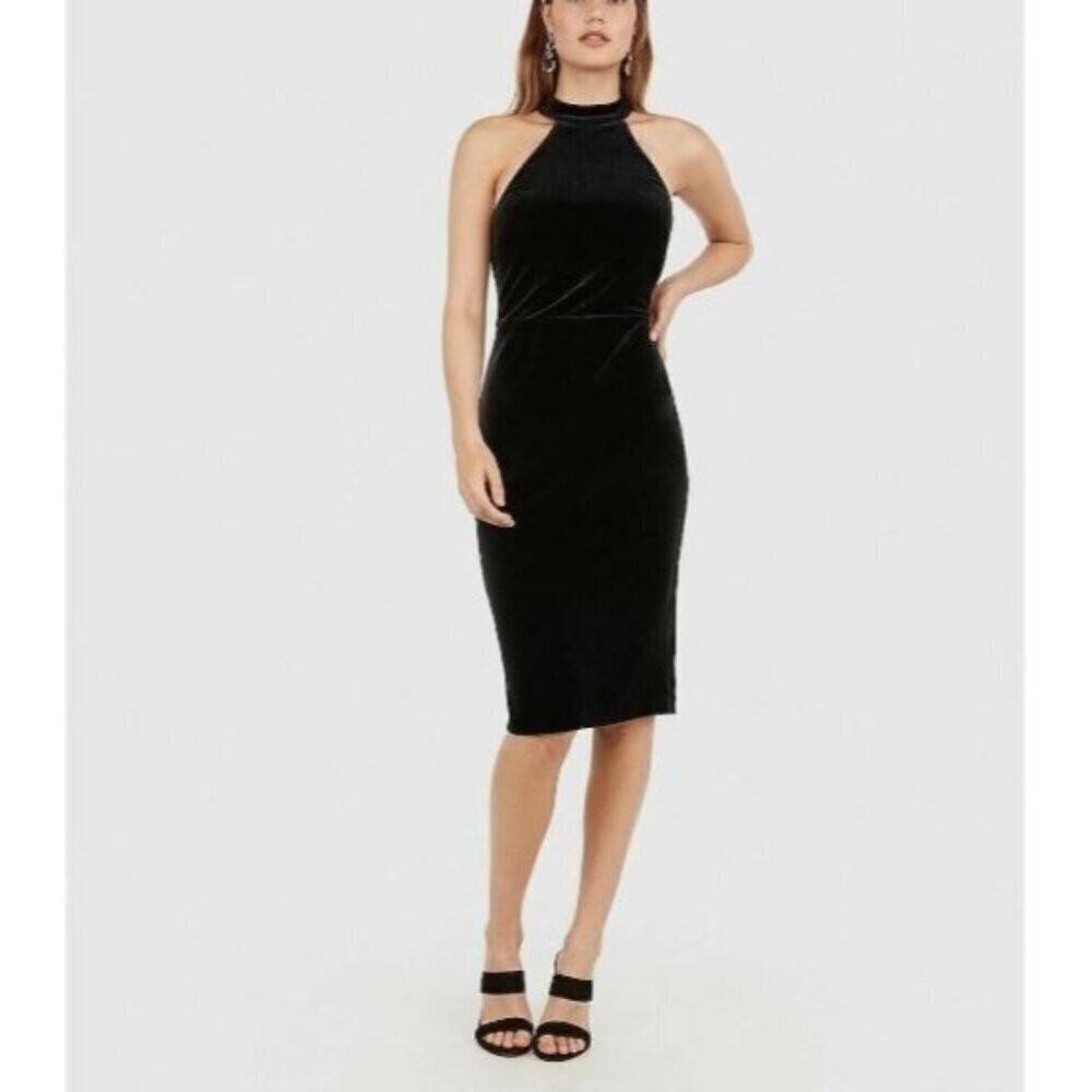 Express Dress Womens Medium Black Velvet Halter Midi Holiday Mob Wife Luxe